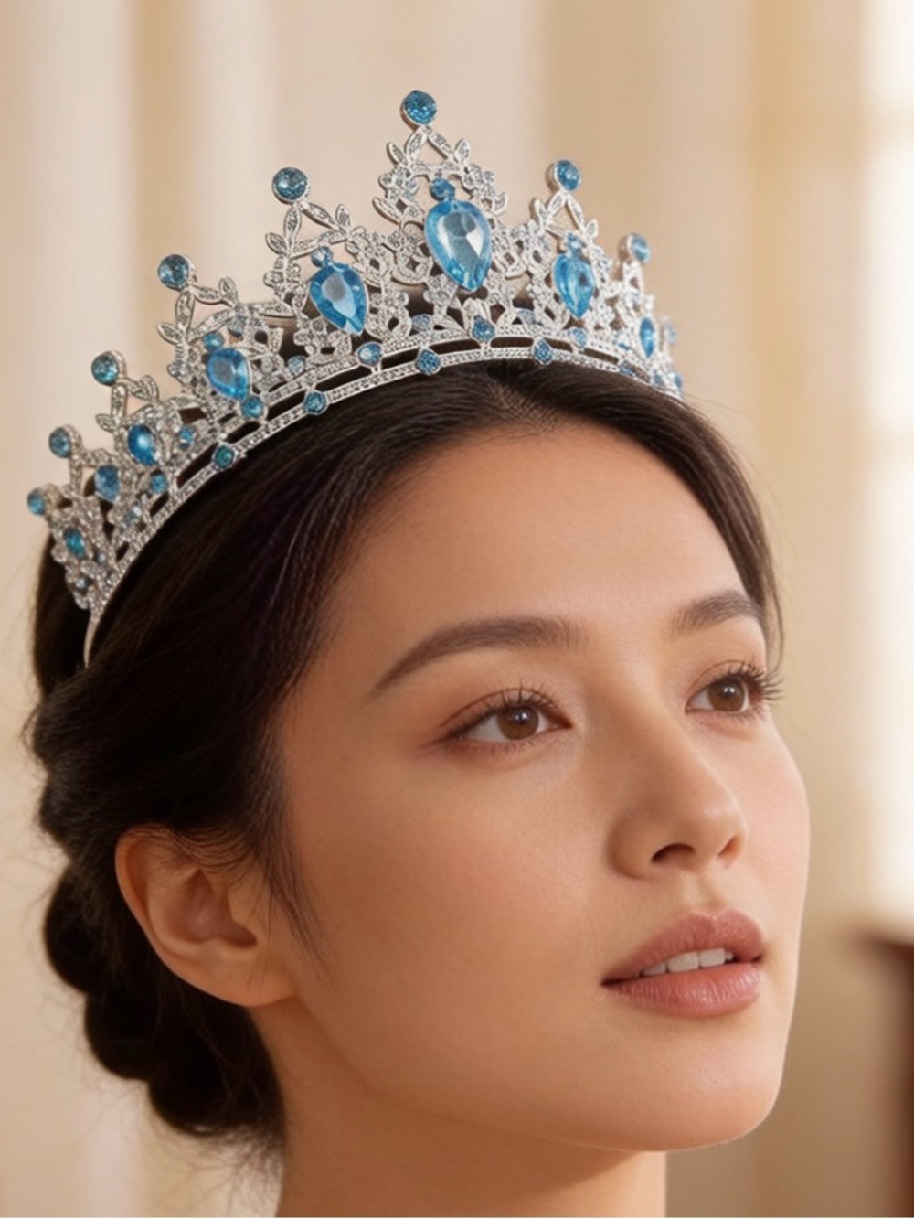 Elegant Silver Tiara with Blue Gem Accents - Women Accessories